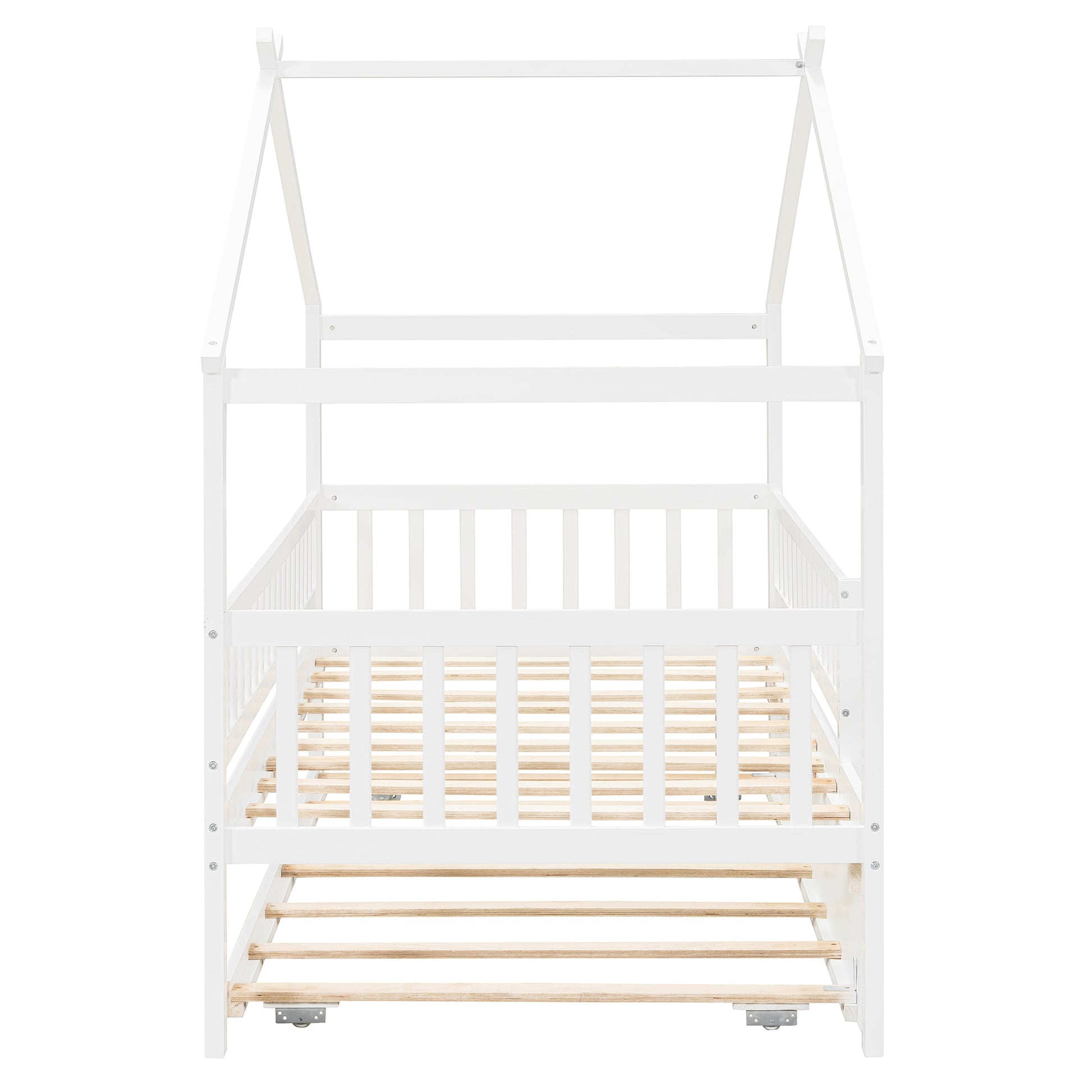 Twin Size Wooden House Bed with Trundle - White