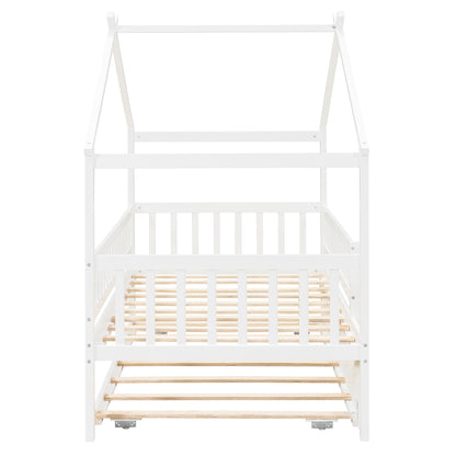 Twin Size Wooden House Bed with Trundle - White