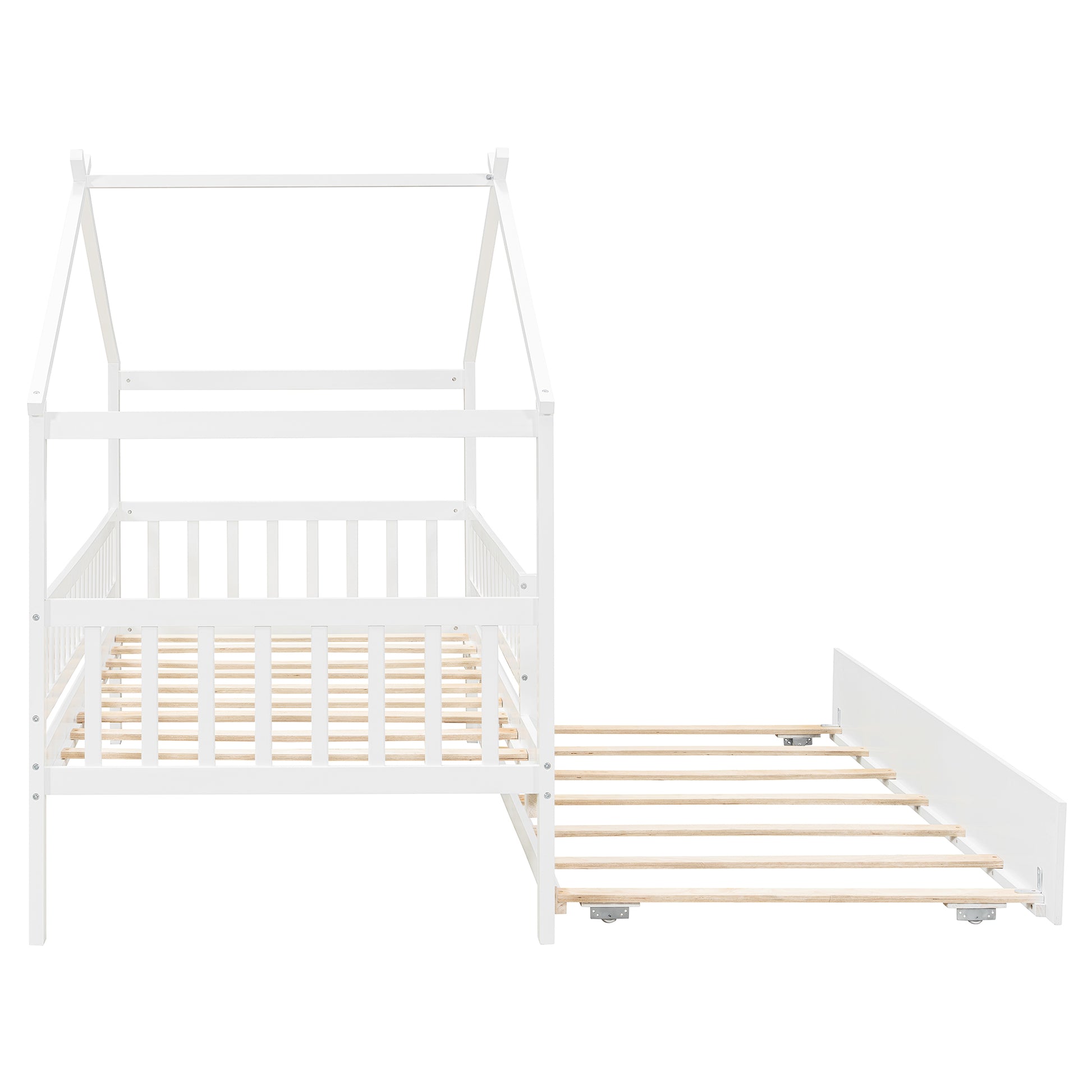 Twin Size Wooden House Bed with Trundle - White