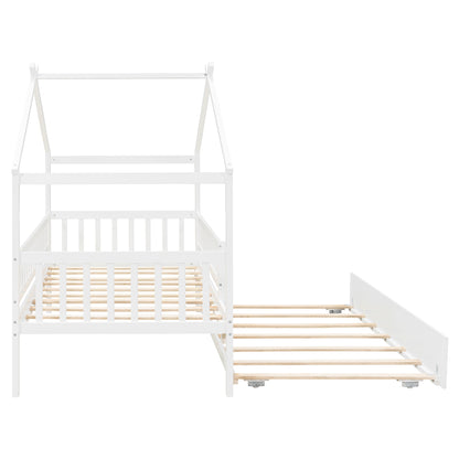 Twin Size Wooden House Bed with Trundle - White
