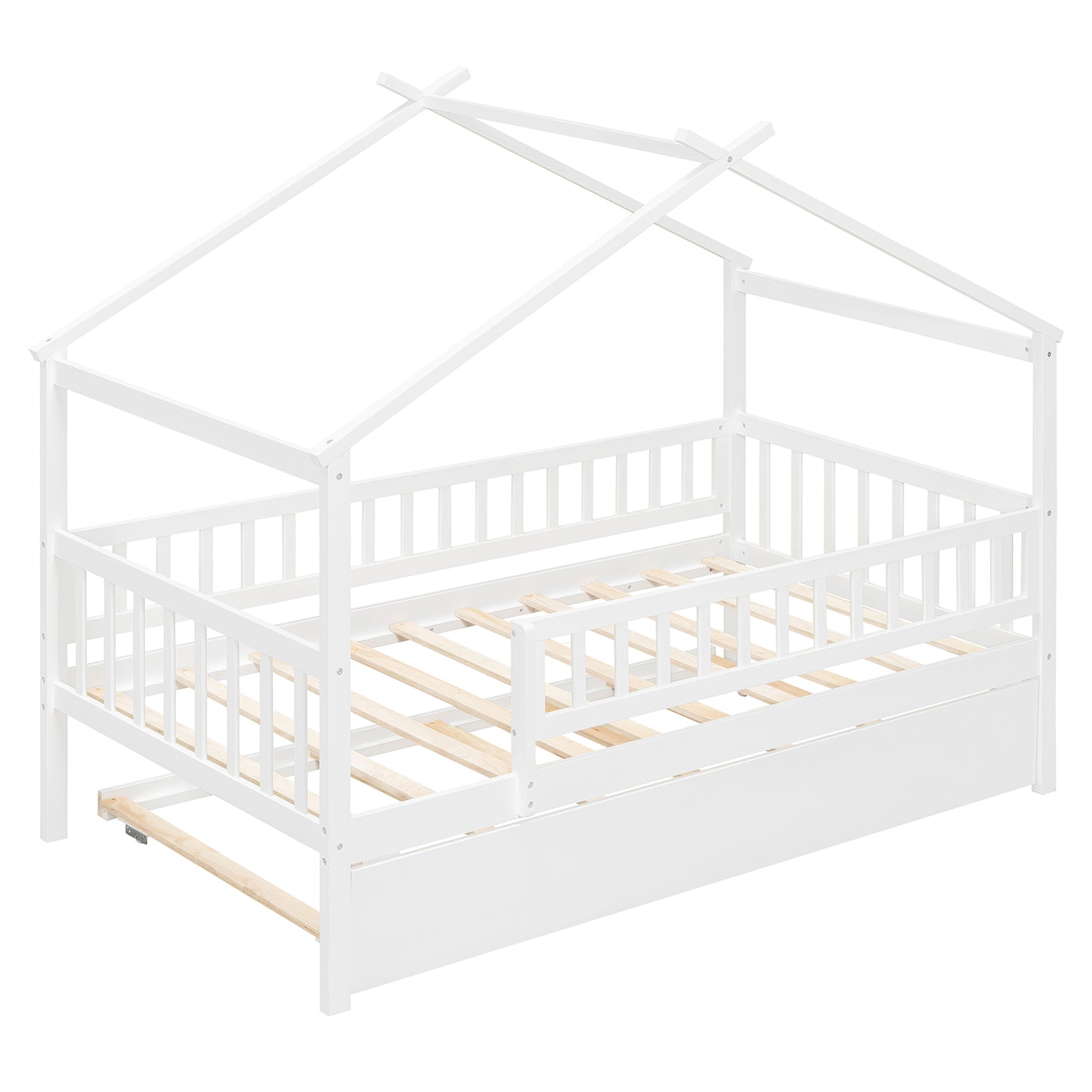 Twin Size Wooden House Bed with Trundle - White