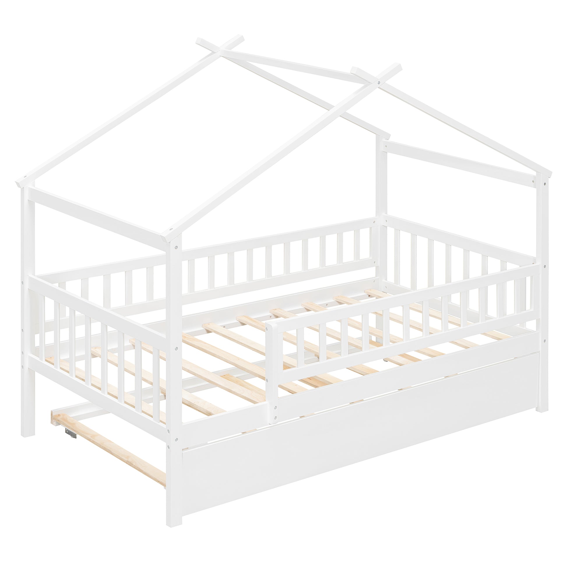Twin Size Wooden House Bed with Trundle - White