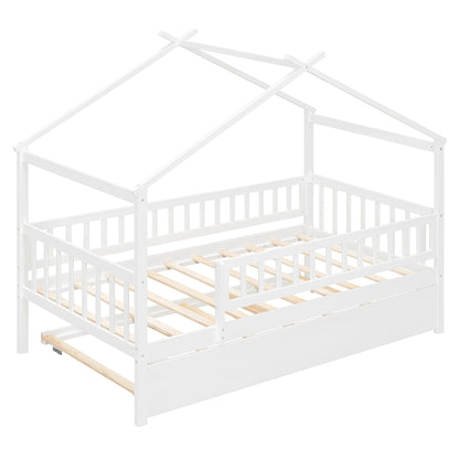 Twin Size Wooden House Bed with Trundle - White