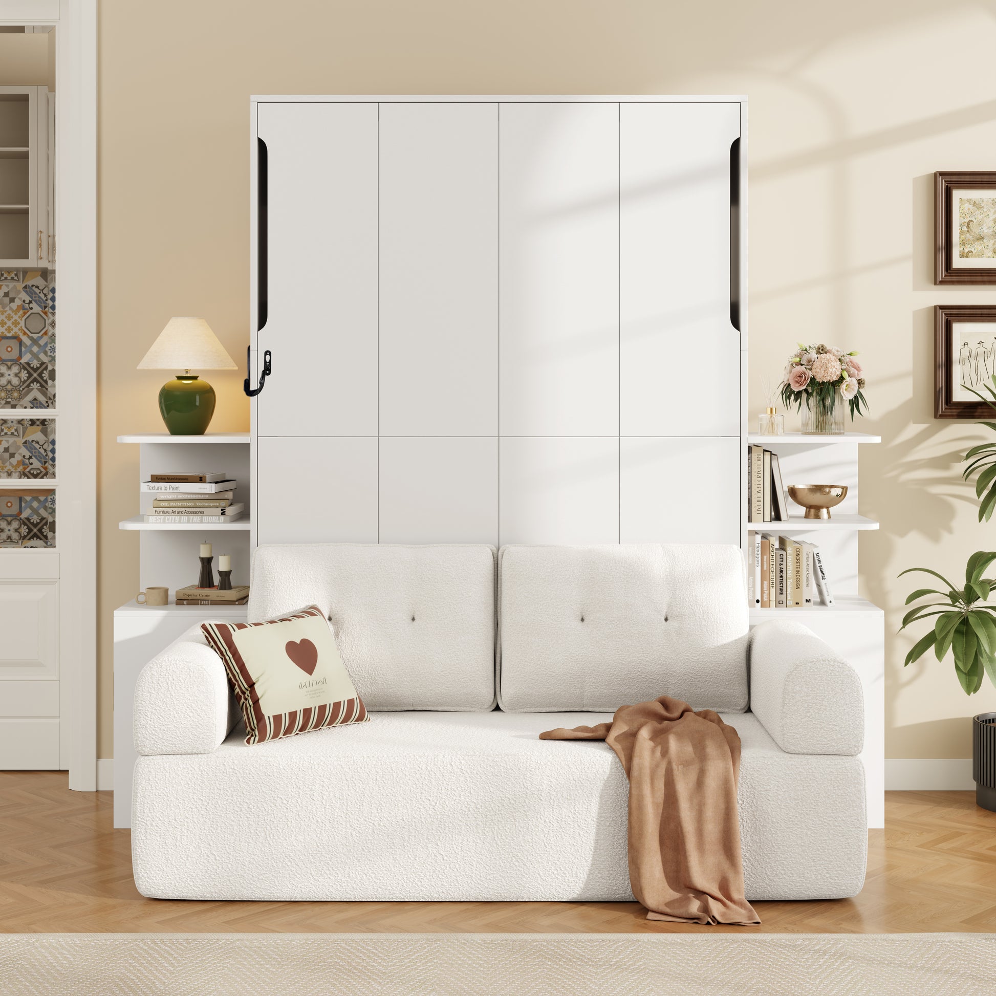Full Size Wall Murphy Bed with Sofa and Storage Cabinets, Space-Saving Wall Bed for Home Office & Guest Room, White