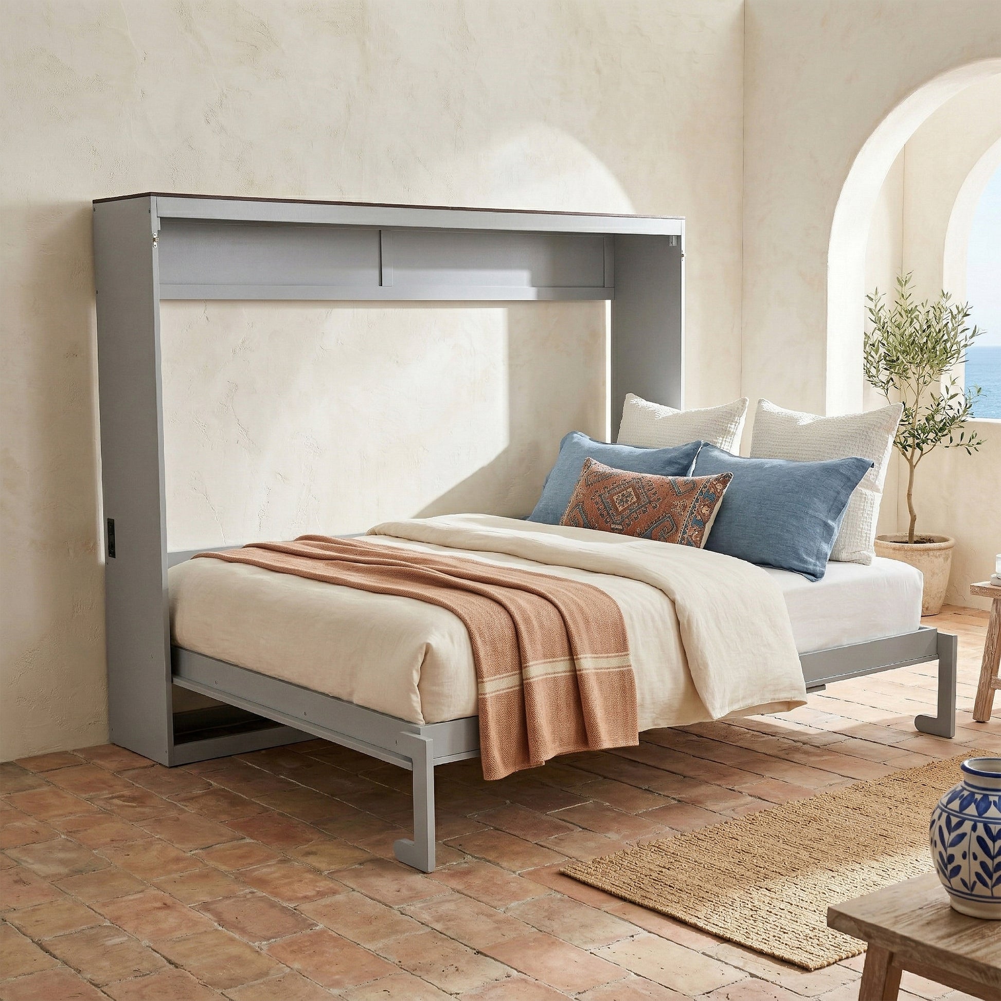 Queen Size Murphy Bed - Gray Plywood Frame for Bedroom
