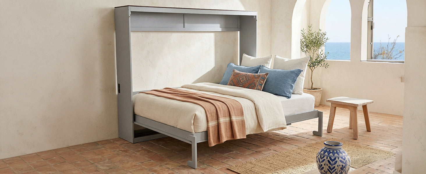 Queen Size Murphy Bed - Gray Plywood Frame for Bedroom