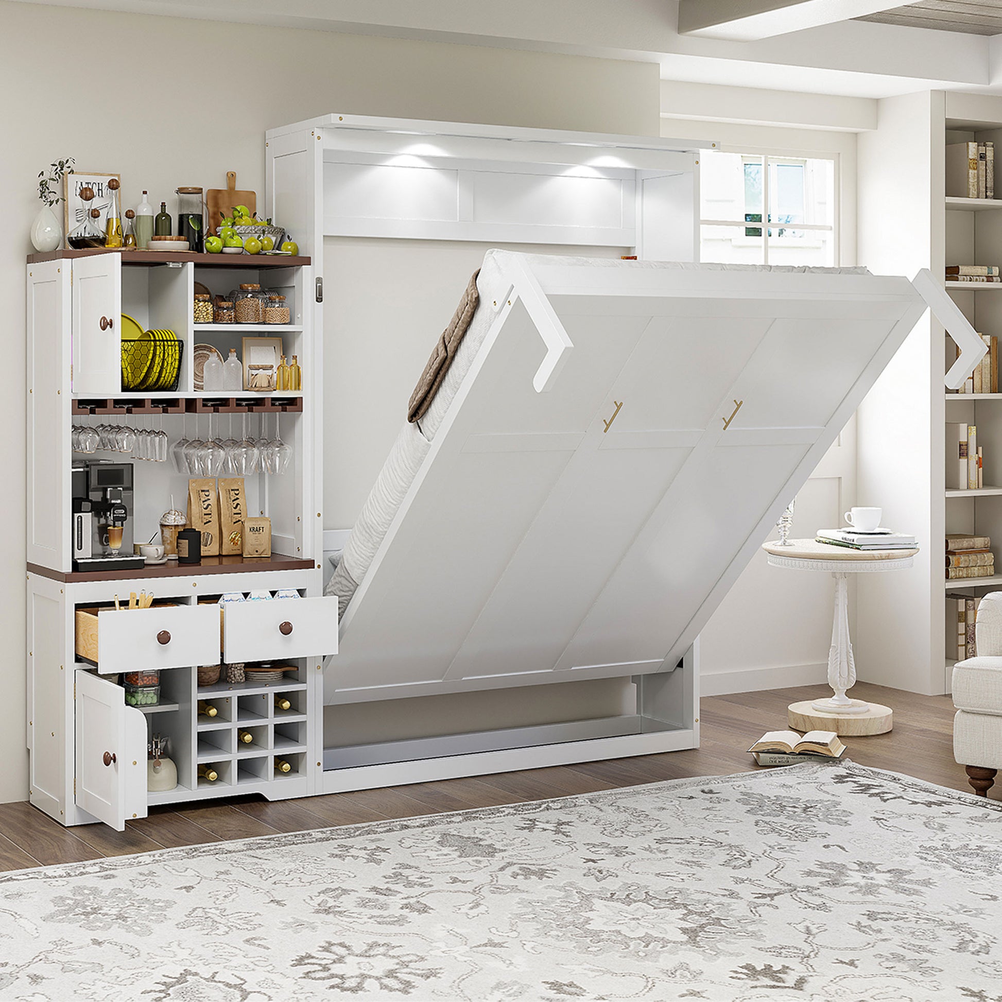 Queen Size Murphy Bed with Storage Cabinet, Wine Rack, Glass Holder, Drawers and Multi-Color LED Strip, White(OLD SKU:LP000391AAK)