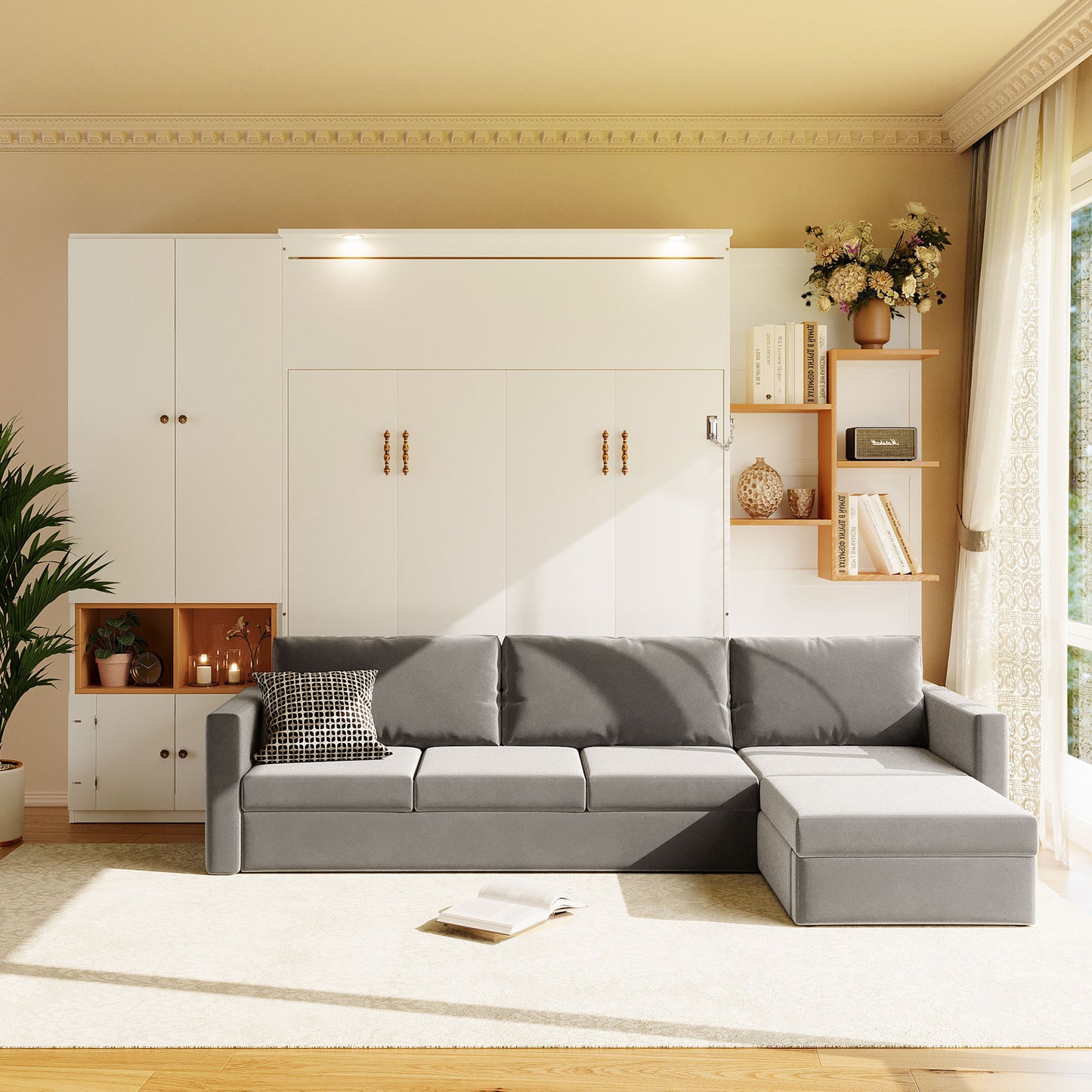 Queen Size Murphy Bed with Large Sofa, Storage Shelves & Cabinets, Modern Space-Saving Wall Bed with Dual Lights-White & Gray Sofa