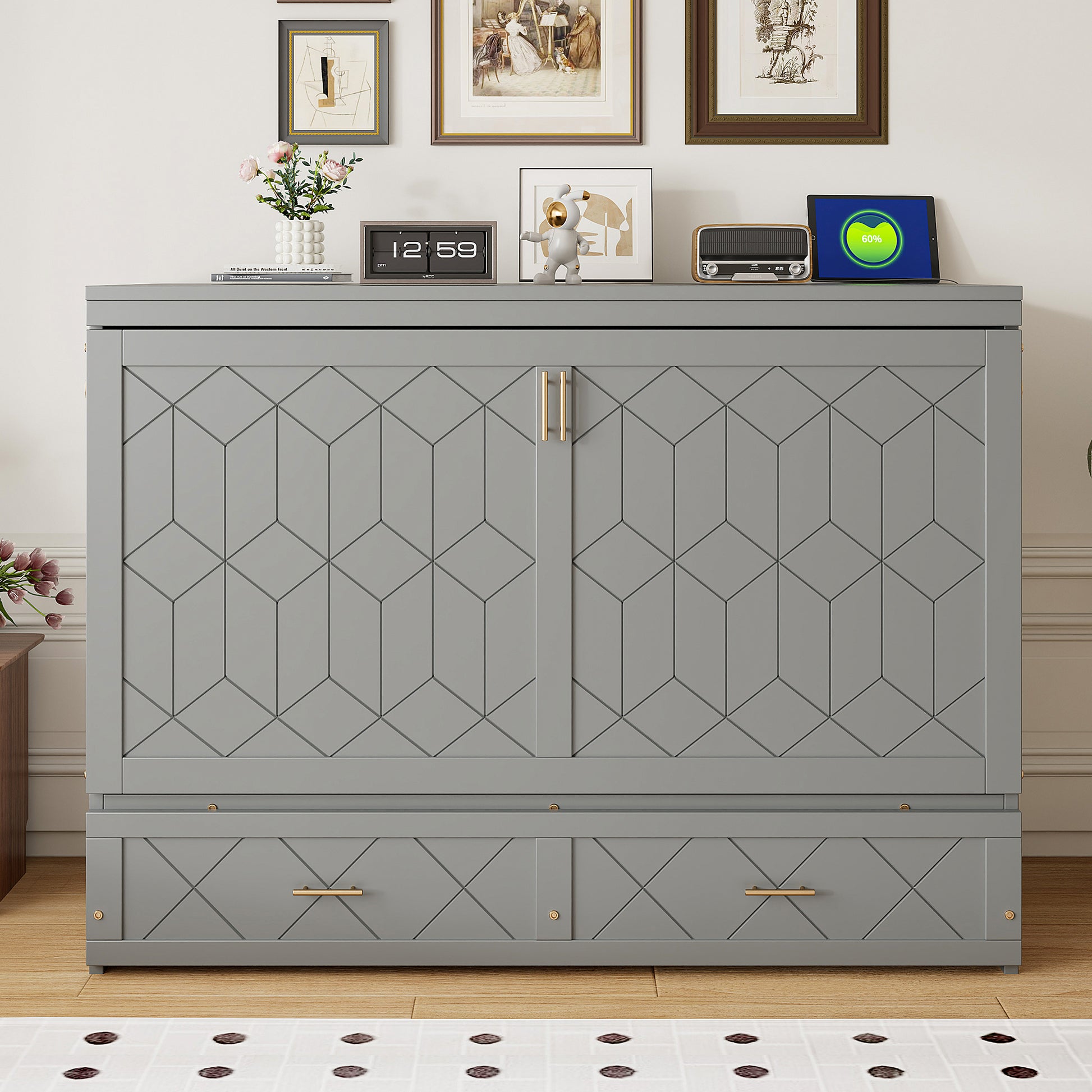 Queen Gray Murphy Bed with Storage Drawer for Bedroom