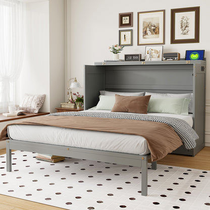Queen Gray Murphy Bed with Storage Drawer for Bedroom