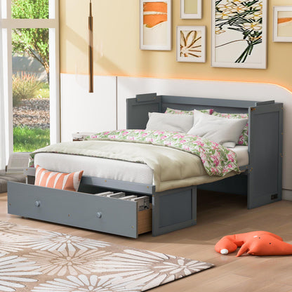 Full Size Gray Murphy Bed with USB & Drawer - Space Saving Design for Bedroom