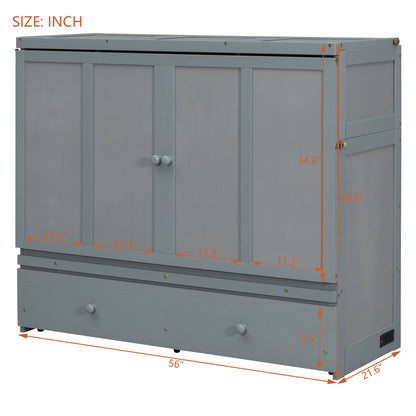 Full Size Gray Murphy Bed with USB & Drawer - Space Saving Design for Bedroom