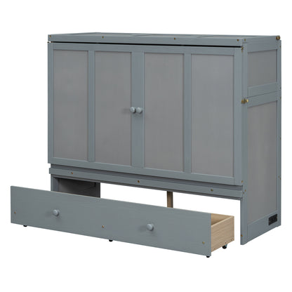 Full Size Gray Murphy Bed with USB & Drawer - Space Saving Design for Bedroom