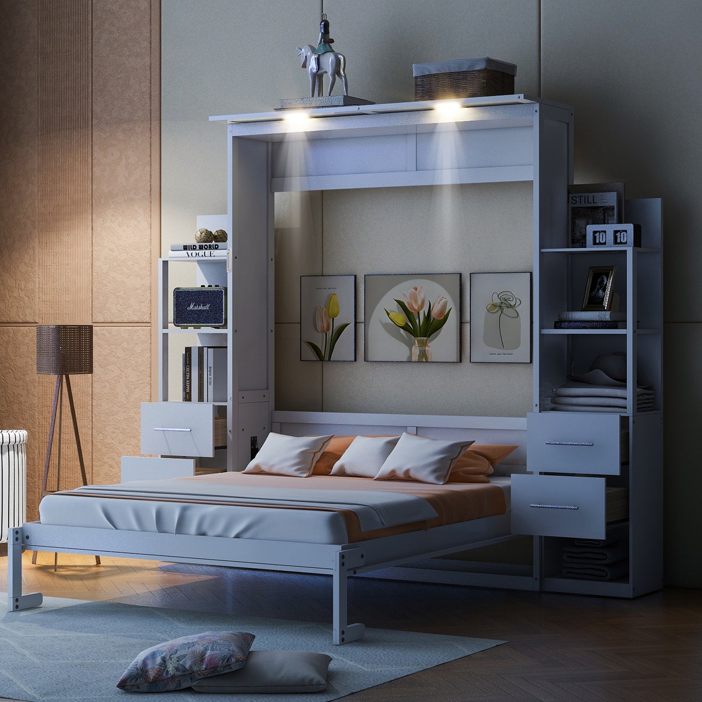 Queen Size Murphy Bed Wall Bed White MDF+LVL for Bedroom