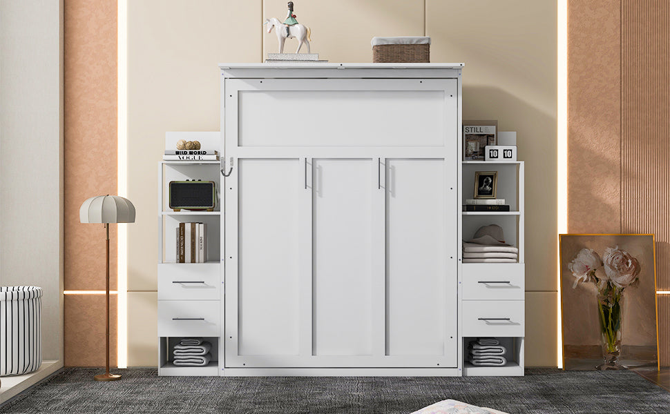 Queen Size Murphy Bed Wall Bed White MDF+LVL for Bedroom