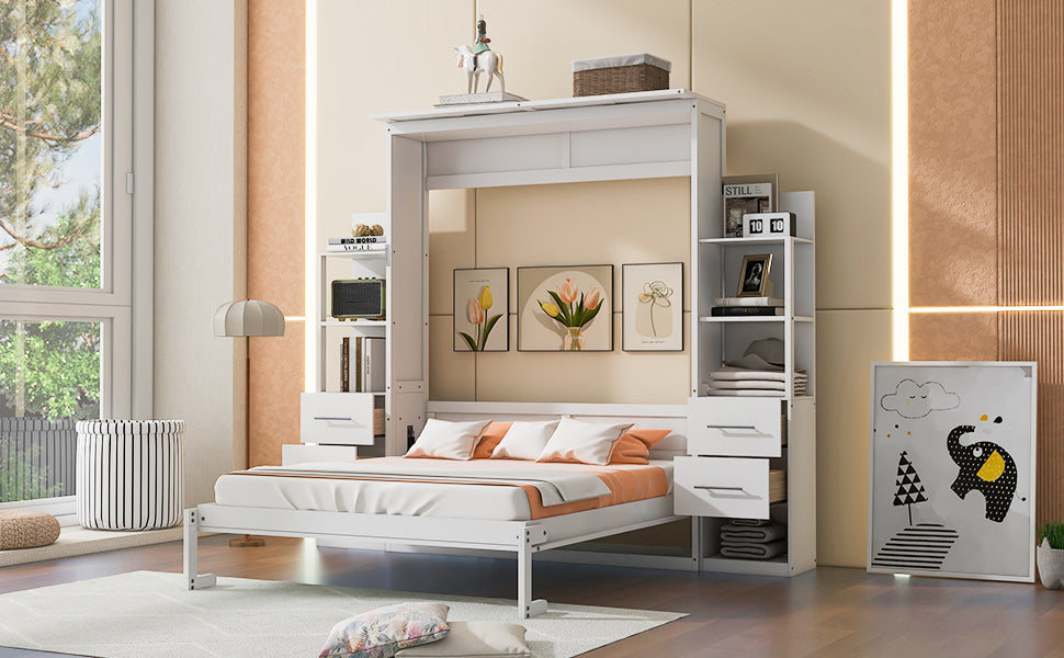Queen Size Murphy Bed Wall Bed White MDF+LVL for Bedroom