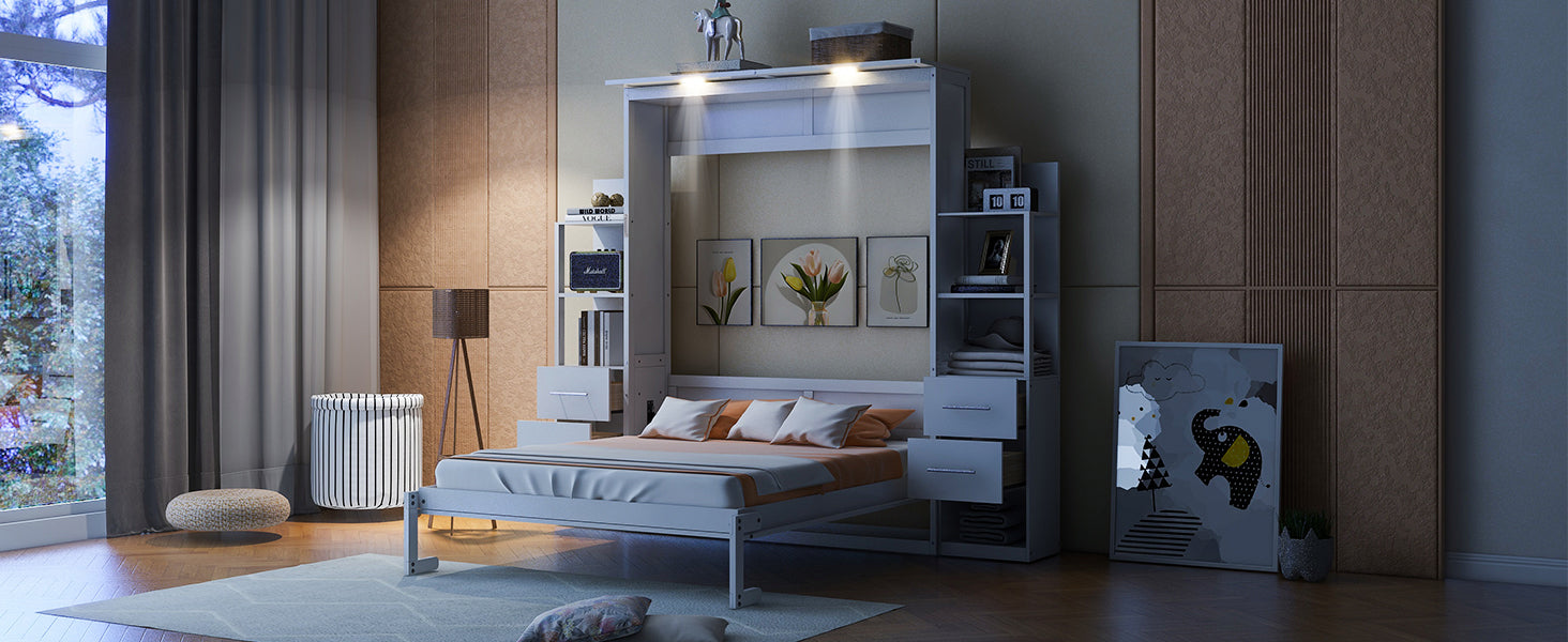 Queen Size Murphy Bed Wall Bed White MDF+LVL for Bedroom