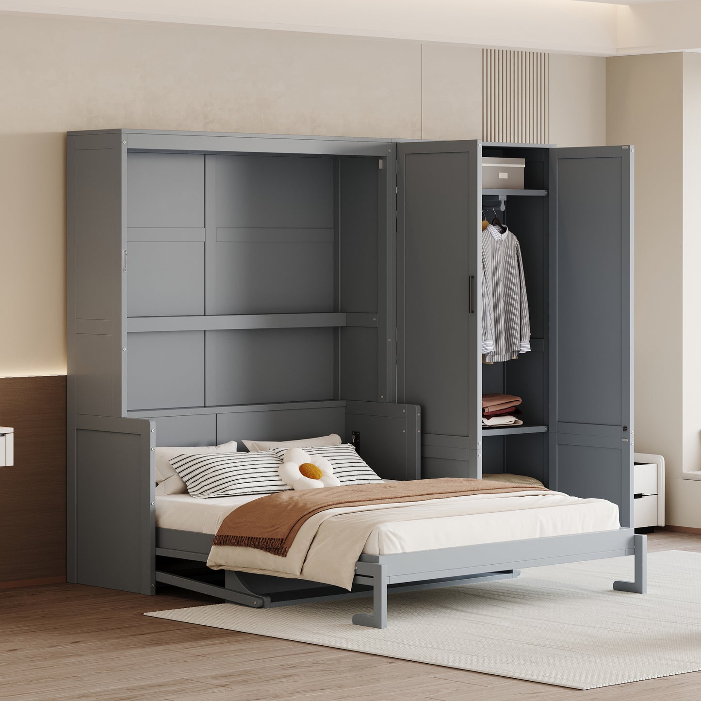 Queen Size Murphy Bed with Storage Cabinet - Gray MDF+LVL for Bedroom
