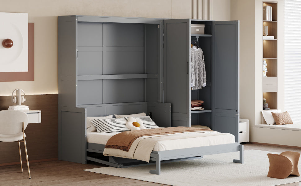 Queen Size Murphy Bed with Storage Cabinet - Gray MDF+LVL for Bedroom