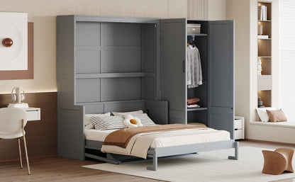 Queen Size Murphy Bed with Storage Cabinet - Gray MDF+LVL for Bedroom