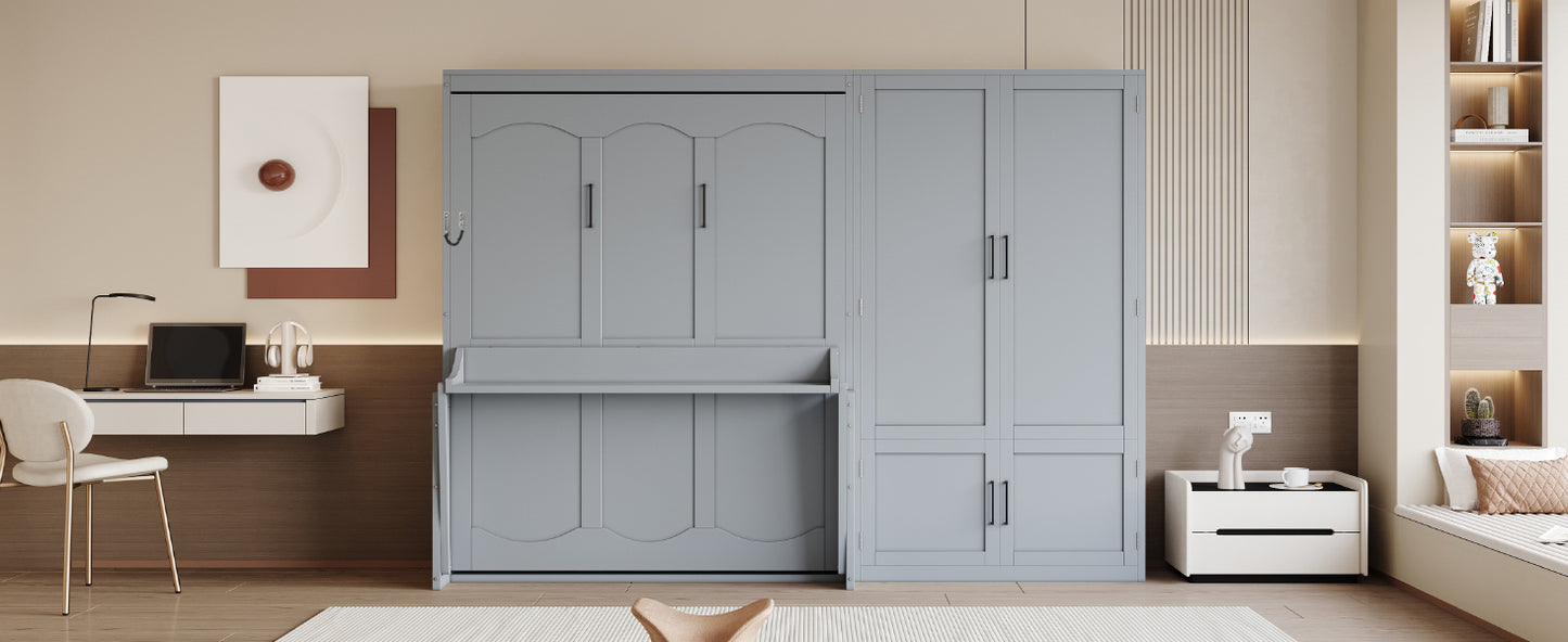 Queen Size Murphy Bed with Storage Cabinet - Gray MDF+LVL for Bedroom
