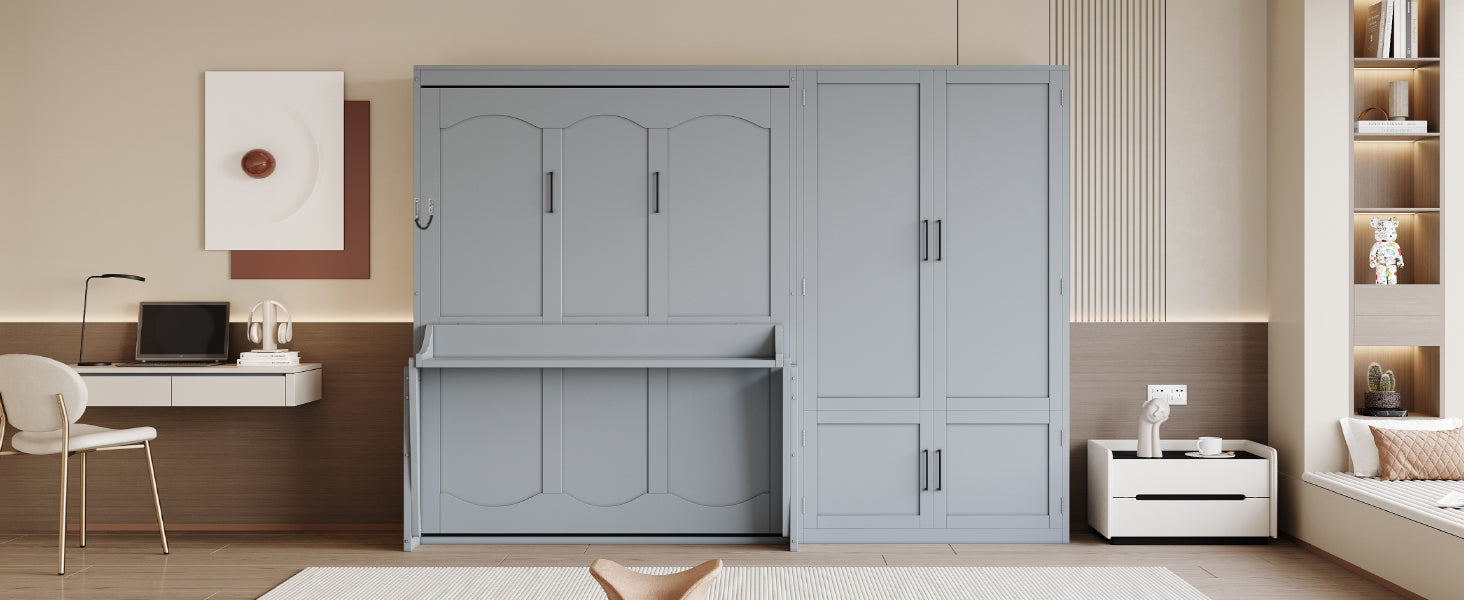 Queen Size Murphy Bed with Storage Cabinet - Gray MDF+LVL for Bedroom