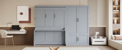 Queen Size Murphy Bed with Storage Cabinet - Gray MDF+LVL for Bedroom