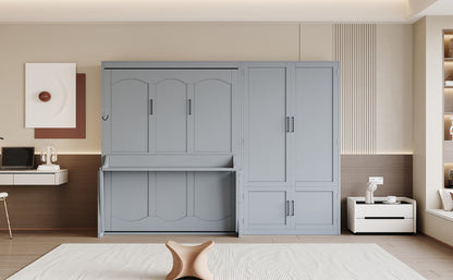 Queen Size Murphy Bed with Storage Cabinet - Gray MDF+LVL for Bedroom