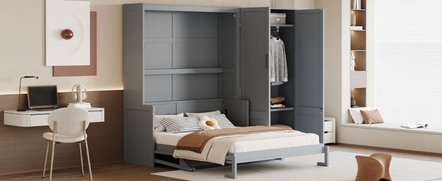 Queen Size Murphy Bed with Storage Cabinet - Gray MDF+LVL for Bedroom