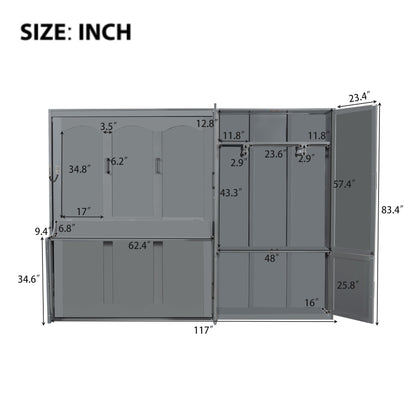 Queen Size Murphy Bed with Storage Cabinet - Gray MDF+LVL for Bedroom