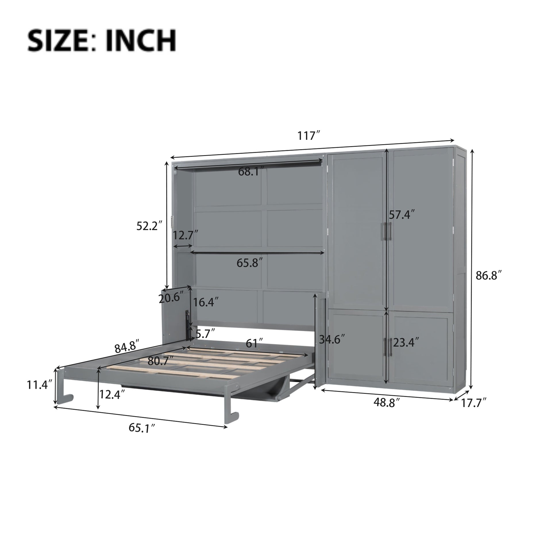 Queen Size Murphy Bed with Storage Cabinet - Gray MDF+LVL for Bedroom