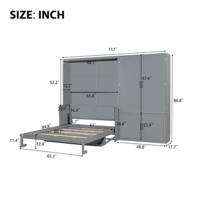 Queen Size Murphy Bed with Storage Cabinet - Gray MDF+LVL for Bedroom