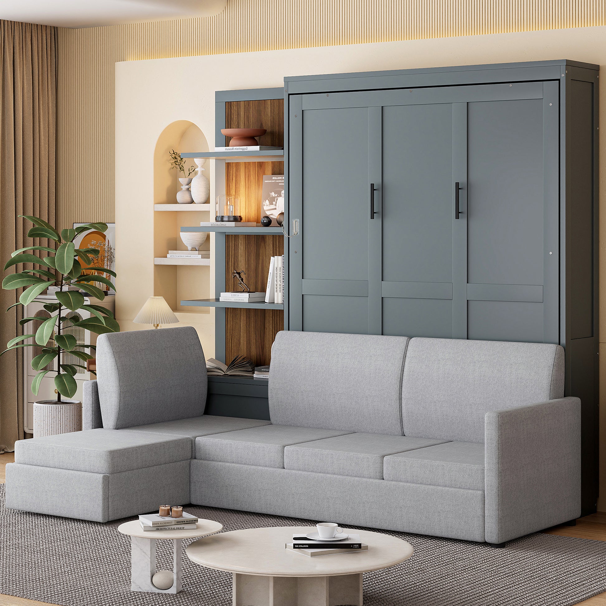Queen Size Murphy Bed Wall Bed with Sofa and Shelves,Gray(OLD SKU:LP000592AAE-2)