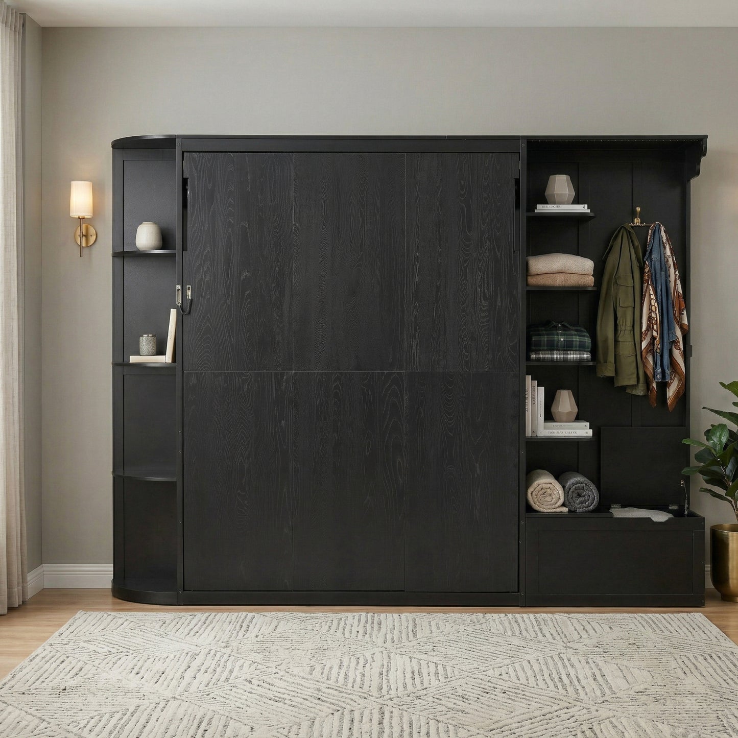 Queen Murphy Bed with Storage & Lights, Hidden Fold-Out Legs, Oak Veneer Finish, Built-in Shelves & Cabinets, Space-Saving Wall Bed with Hook for Small Spaces-Black