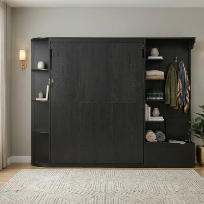 Queen Murphy Bed with Storage & Lights, Hidden Fold-Out Legs, Oak Veneer Finish, Built-in Shelves & Cabinets, Space-Saving Wall Bed with Hook for Small Spaces-Black