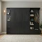 Queen Murphy Bed with Storage & Lights, Hidden Fold-Out Legs, Oak Veneer Finish, Built-in Shelves & Cabinets, Space-Saving Wall Bed with Hook for Small Spaces-Black