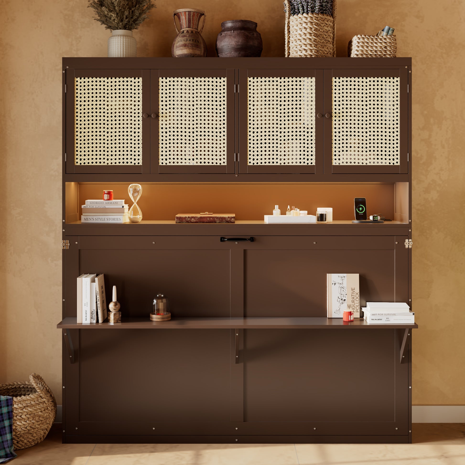 Twin Size Murphy Bed with Storage Cabinet - Espresso for Bedroom