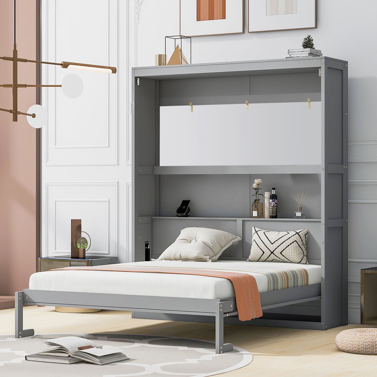 Queen Size Murphy Bed Wall Bed with Shelves,Gray(OLD SKU:LP000693AAE-3)