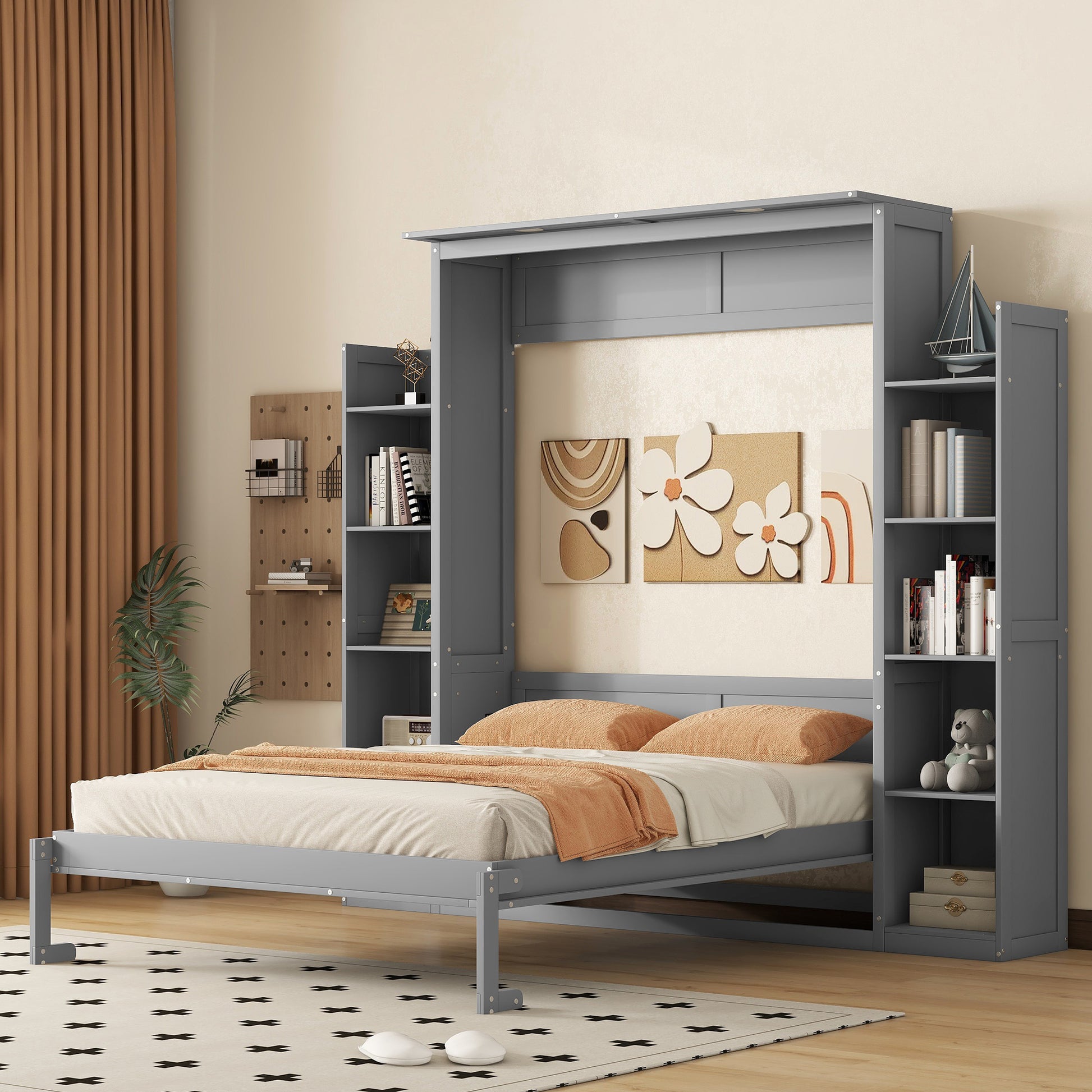 Queen Size Gray Murphy Bed Wall Bed with Storage for Bedroom