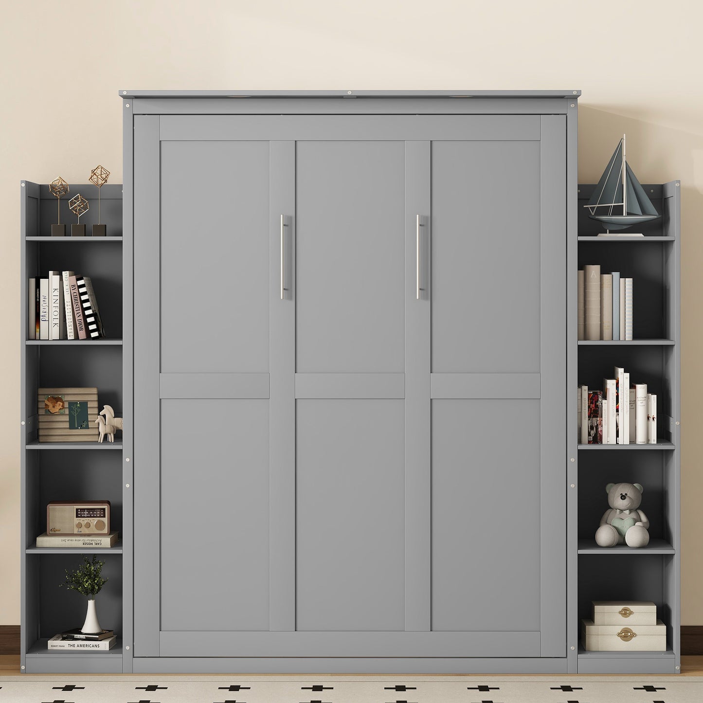 Queen Size Gray Murphy Bed Wall Bed with Storage for Bedroom
