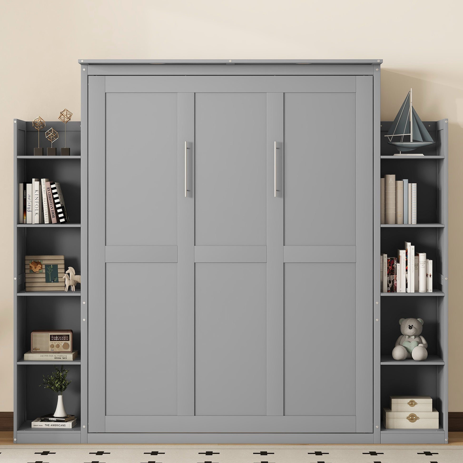 Queen Size Gray Murphy Bed Wall Bed with Storage for Bedroom