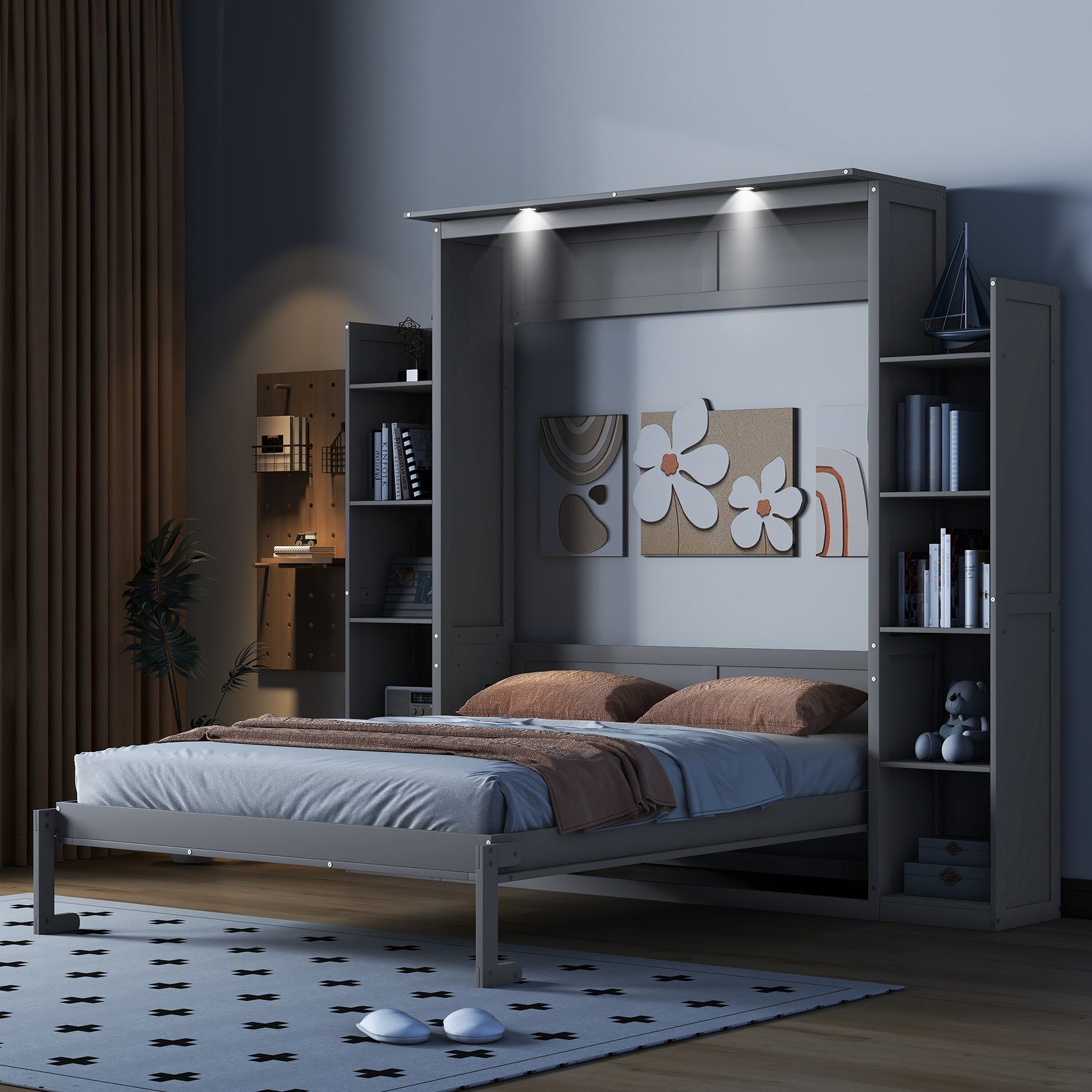 Queen Size Gray Murphy Bed Wall Bed with Storage for Bedroom