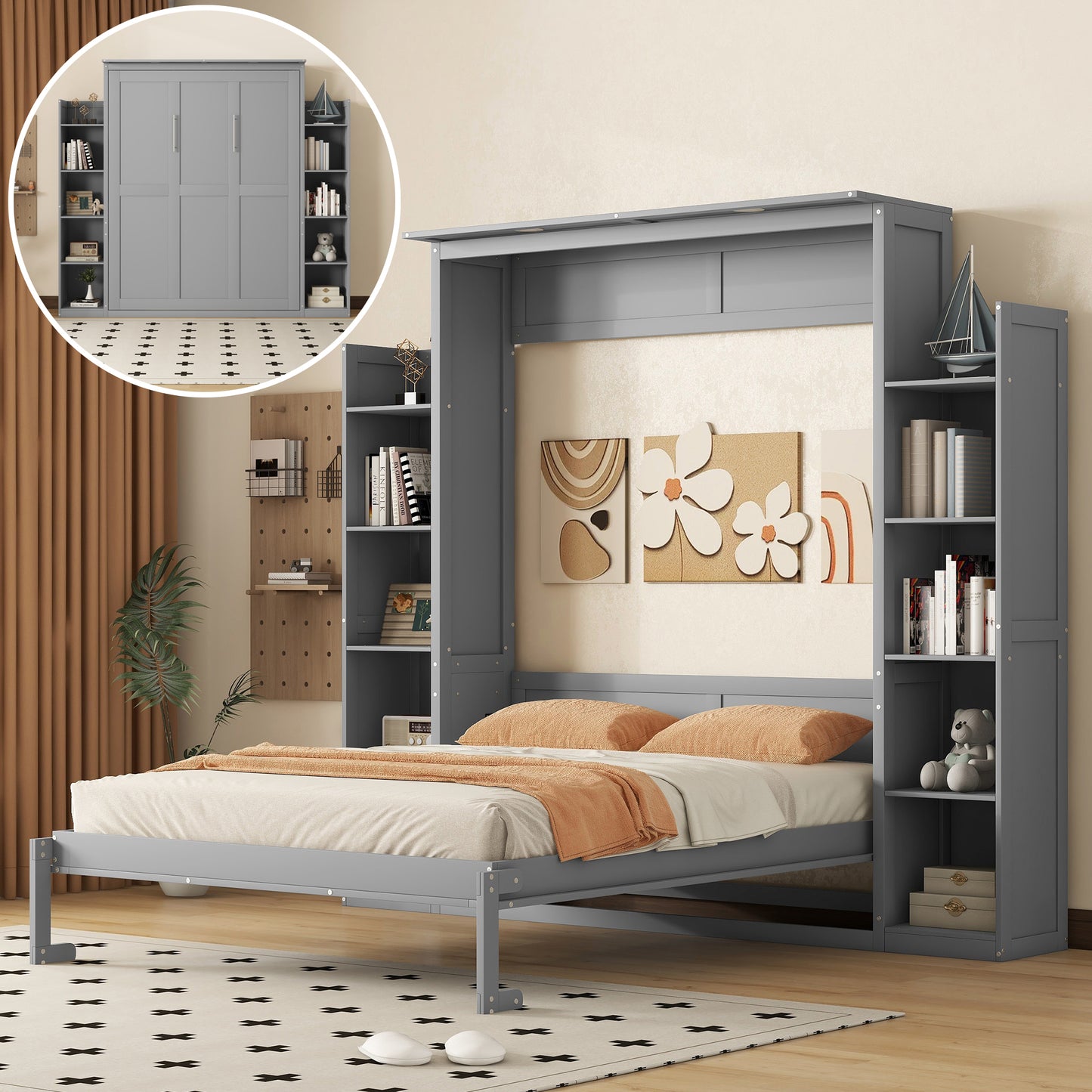 Queen Size Murphy Bed Wall Bed with Shelves and LED Lights,Gray(OLD SKU:LP000695AAE)
