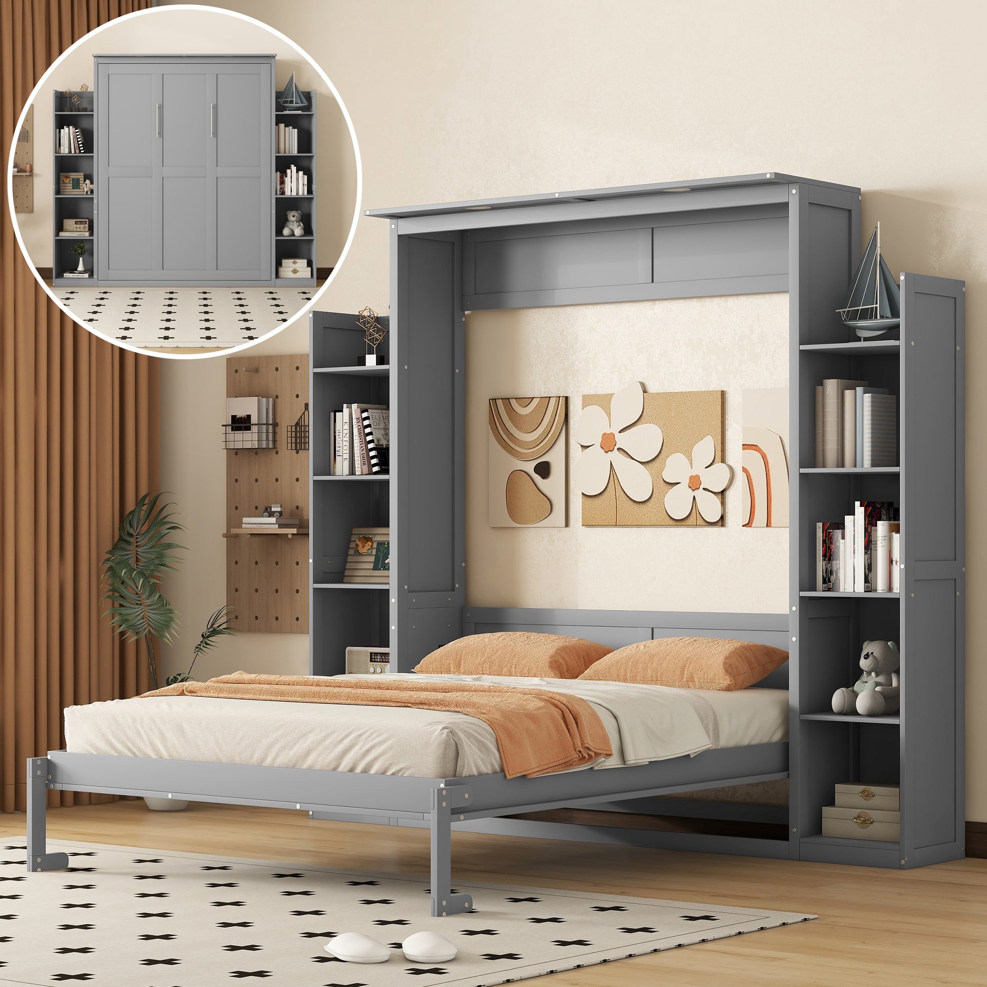 Queen Size Murphy Bed Wall Bed with Shelves and LED Lights,Gray(OLD SKU:LP000695AAE)