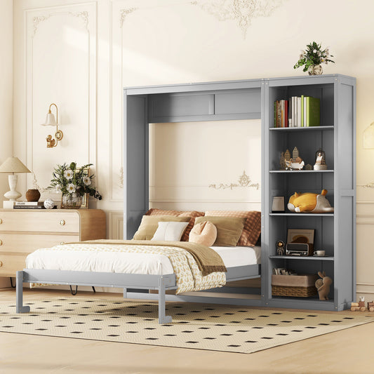 Queen Size Murphy Bed Wall Bed with Shelves,Gray(OLD SKU:LP000697AAE-1)