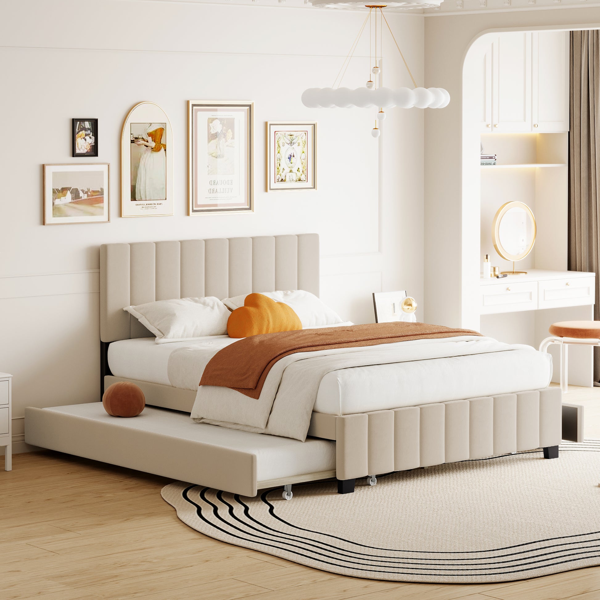 Queen Size Velvet Upholstered Platform Bed with 2 Drawers and 1 Twin XL Trundle- Beige