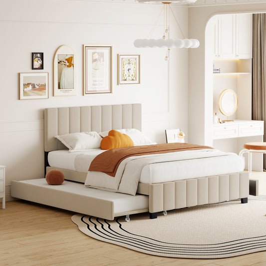 Queen Size Velvet Upholstered Platform Bed with 2 Drawers and 1 Twin XL Trundle- Beige