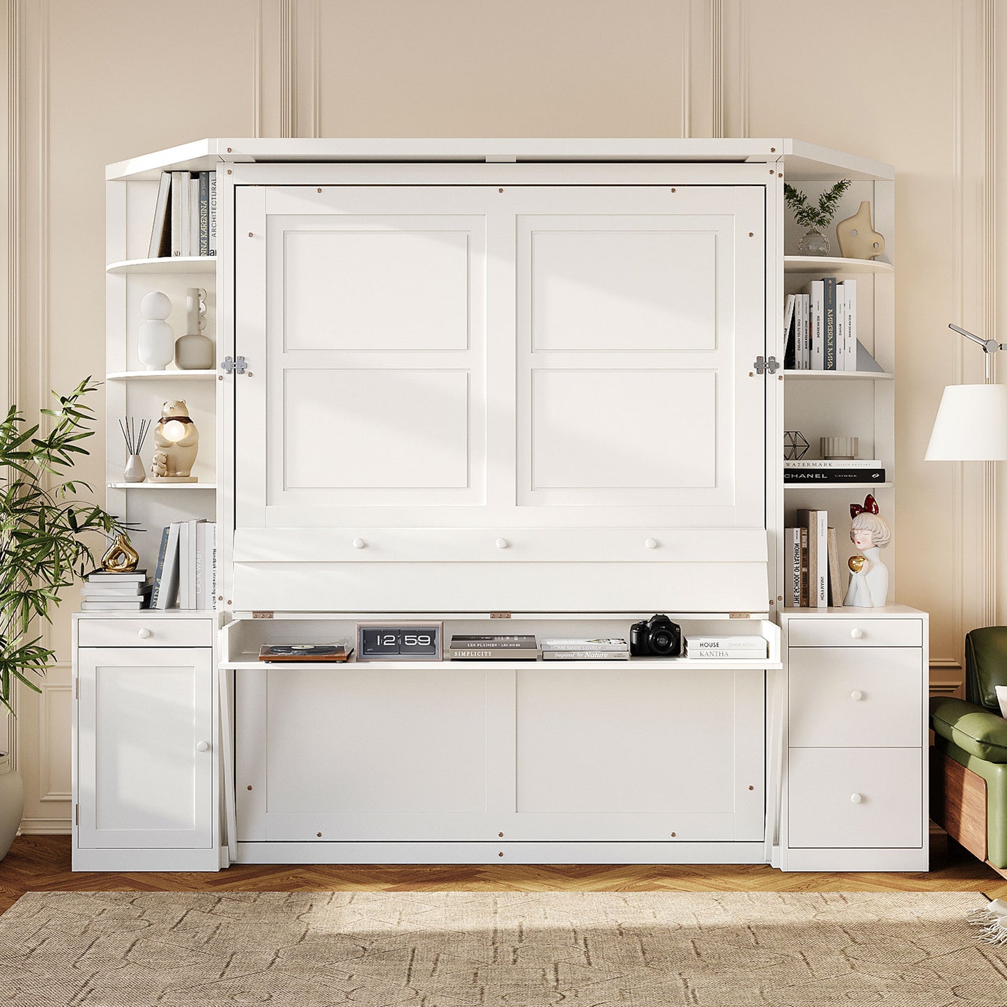 Queen Murphy Bed with Desk, Storage Shelves and Cabinets, Hidden Wall Bed for Space-Saving Home Office, Lights -White(OLD SKU:LP000739AAK)