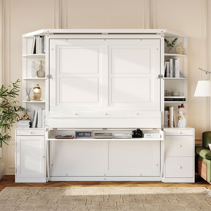 Queen Murphy Bed with Desk, Storage Shelves and Cabinets, Hidden Wall Bed for Space-Saving Home Office, Lights -White(OLD SKU:LP000739AAK)