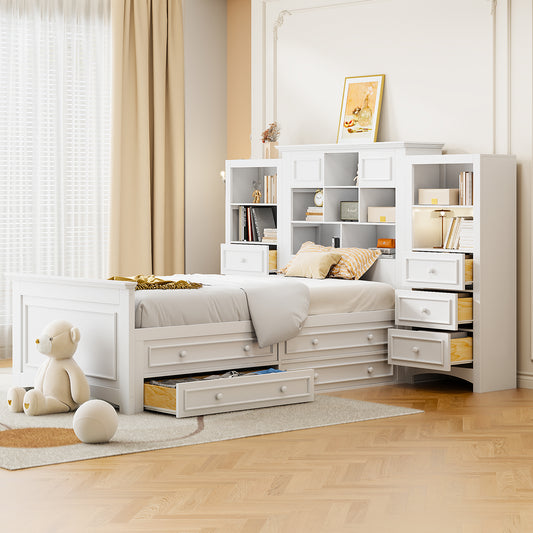 Twin Size Wood Platformbed with Vertical All-in-One Cabinet and 4 Drawers on each side, White(OLD SKU:LP000761AAK-1)